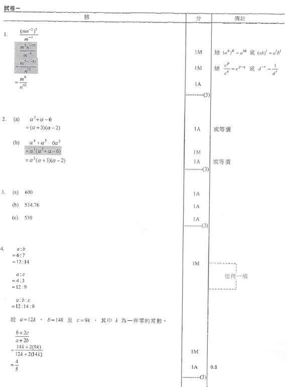 香港中學文憑考試 數學 2020 卷一 傳統題